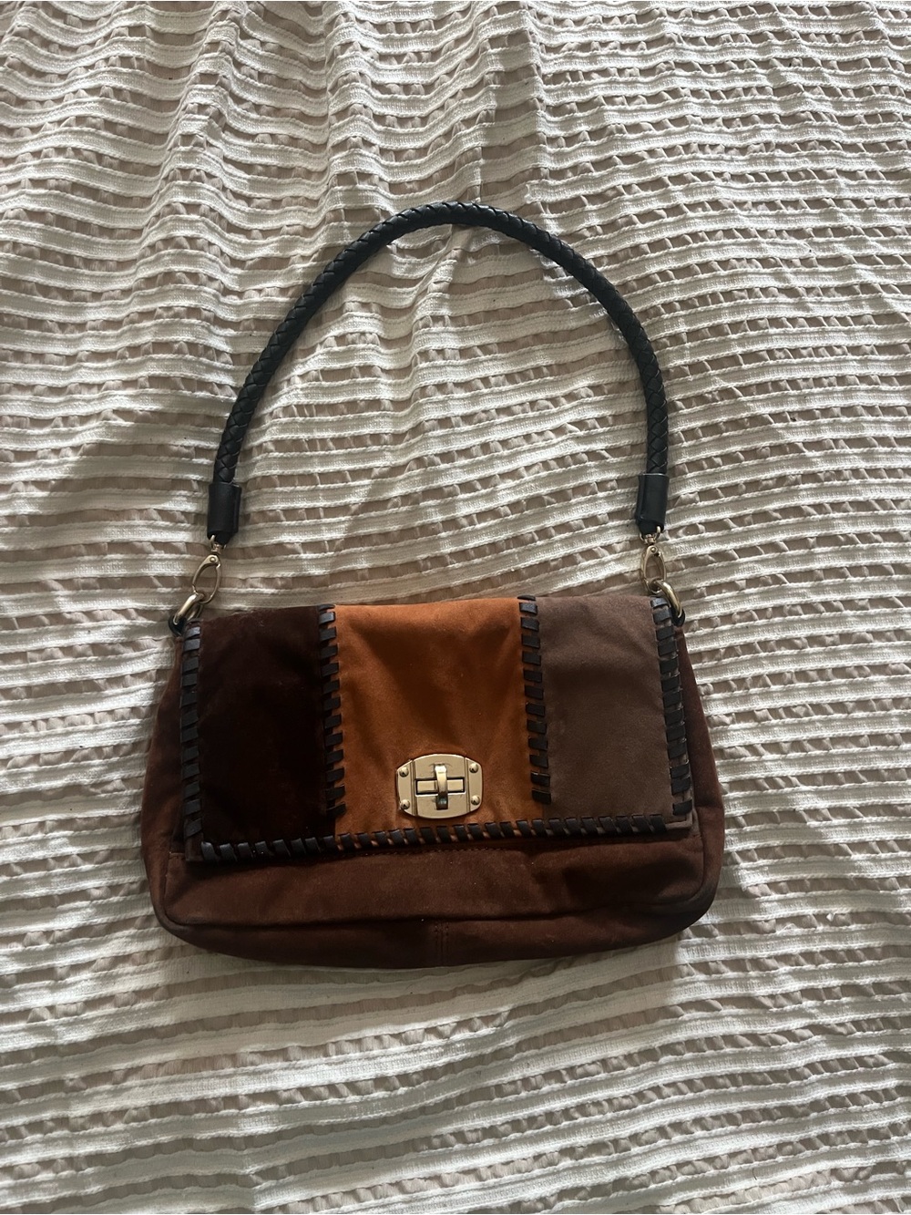 Imoshion Suede Patchwork Shoulder Bag in Brown and Tan